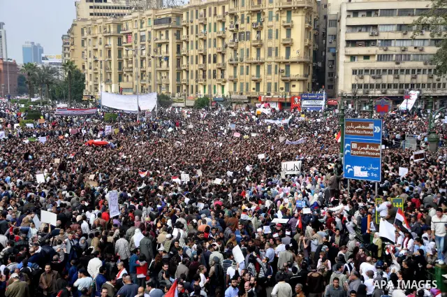 Anti-government protesters demonstrate in Tahrir, or Liberation Square in Cairo, Egypt, Tuesday, Feb. 1, 2011. More than a quarter-million people flooded into the heart of Cairo Tuesday, filling the city's main square in...