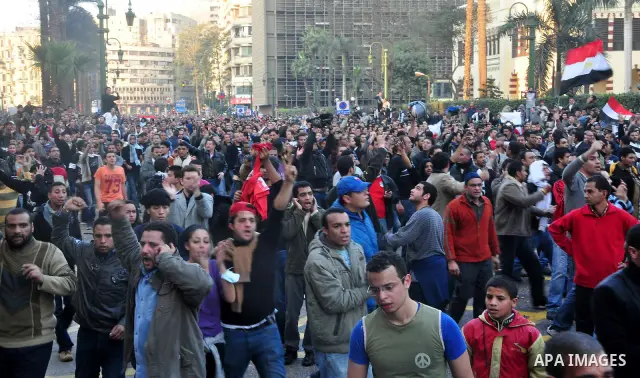 Anti-government protesters demonstrate against president Hosni Mubarak regime in Tahrir, or Liberation Square in Cairo, Egypt, Jan. 25, 2011. Photo by Ahmed Asad