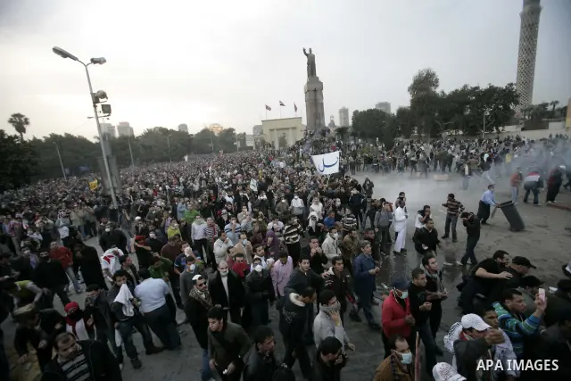 Egyptian policemen fire tear gas canisters towards anti-government protesters during a demonstration against president Hosni Mubarak regime in Tahrir, or Liberation Square in Cairo, Egypt, Jan. 29, 2011. Photo by Karam N...