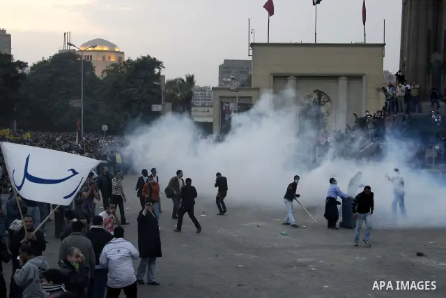 Egyptian policemen fire tear gas canisters towards anti-government protesters during a demonstration against president Hosni Mubarak regime in Tahrir, or Liberation Square in Cairo, Egypt, Jan. 29, 2011. Photo by Karam N...