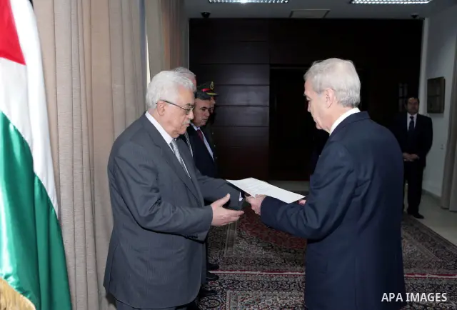Palestinian President Mahmoud Abbas accepts the credentials of Mr. Jorge Osa Arnjuah Representative of the Republic of Chile as Ambassador to the Palestinian National Authority in the West Bank city of Ramallah on Feb. 3...