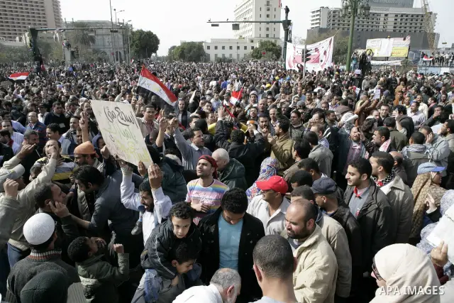 Protestors gather at Tahrir Square, Cairo, Egypt, Feb. 4, 2011. Egyptian minister of Health said Friday that about five thousand people have been injured since Jan. 25, and eight have been killed in clashes between prote...
