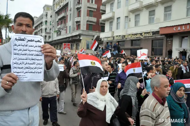 Egyptians take part in demonstration calling for the departure of Egypt's President Hosni Mubarak in Alexandria, Egypt, 04 February 2011. President Hosni Mubarak acknowledged on 03 February 2011 that he is 'very unhappy'...