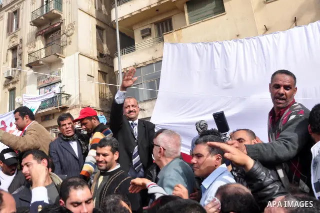 A leader from Muslim Brotherhood takes part in a protest at Tahrir Square, Cairo, Egypt, Feb. 4, 2011. Egyptian minister of Health said Friday that about five thousand people have been injured since Jan. 25, and eight ha...