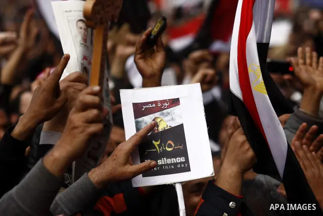 Opposition demonstrators protest at Tahrir Square in Cairo Feb. 6, 2011. Demonstrators camped out in Cairo's Tahrir Square, which has become an epicentre for protest, vowed to intensify their battle to oust Egypt's Presi...