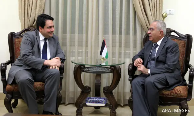 Palestinian Prime Minister Salam Fayyad during a meeting with Stephen Twigg Shadow Foreign Office Minister of UK in the West Bank city of Ramallah on Feb. 6,2011. Photo by Mustafa Abu Dayeh