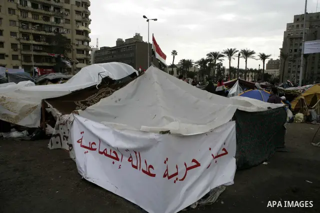Egyptian anti-government protesters camp in Tahrir Square in Cairo, Egypt, Monday, Feb. 7, 2011. The protests, which saw tens of thousands of people massing daily in downtown Cairo for demonstrations that at times turned...