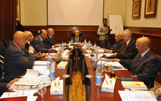 Members of the Egyptian Constitutional Commission participate in a meeting in Cairo, Egypt, Feb. 9,2011. Photo by Ahmed Asad