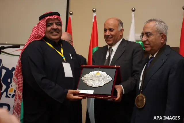 Palestinian Prime Minister Salam Fayyad during the opening of the Arab Media Forum Sports first in Palestine in West Bank city of Ramallah on February 9, 2011. Photo by Issam Rimawi