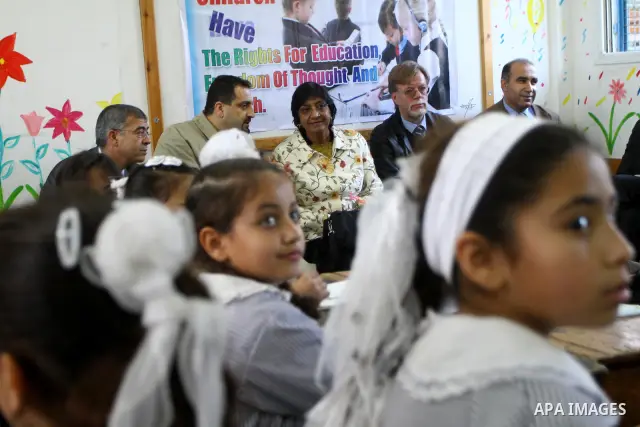 United Nations High Commissioner for Human Rights Navanethem Pillay visits to an Elementary UNRWA school in Gaza City, Thursday, Feb. 10, 2011. Pillay is on an official visit to the region.. Photo by Ashraf Amra