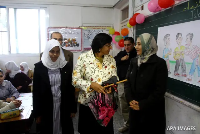 United Nations High Commissioner for Human Rights Navanethem Pillay visits to an Elementary UNRWA school in Gaza City, Thursday, Feb. 10, 2011. Pillay is on an official visit to the region.. Photo by Ashraf Amra