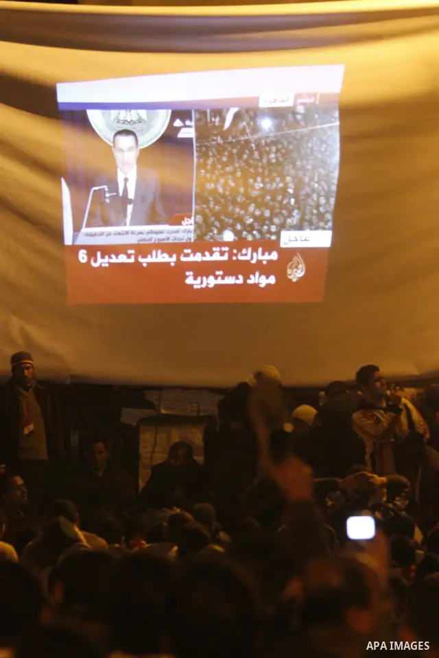 nti-government protesters watch on big screen as Egyptian President Hosni Mubarak makes a televised statement to his nation in Tahrir Square in downtown Cairo, Egypt Thursday, Feb. 10, 2011. Egyptian President Hosni Muba...