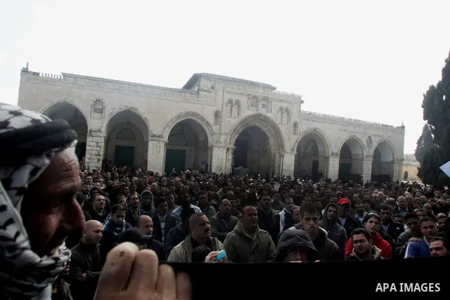Palestinians rally in support of the Egyptian people and calling for the ouster of Egyptian President Hosni Mubarak at the Al-Aqsa Mosque compound in Jerusalem's Old City on February 11, 2011. Photo by Mahfouz Abu Turk