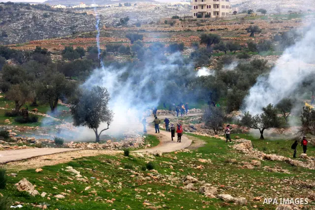 Israeli soldiers and border police fire tear gas at protestors during the weekly demonstration against Israel's separation barrier in the West Bank village of Bilin near Ramallah, Friday, Feb. 11, 2011. Photo by Wagdi Es...