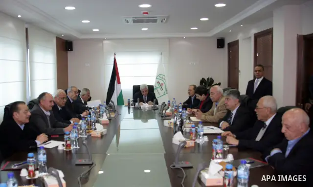 Palestinian President Mahmoud Abbas attends a Palestinian Liberation Organization (PLO) executive committee meeting in the West Bank city of Ramallah, Saturday, Feb. 12, 2011. Photo by Thaer Ganaim
