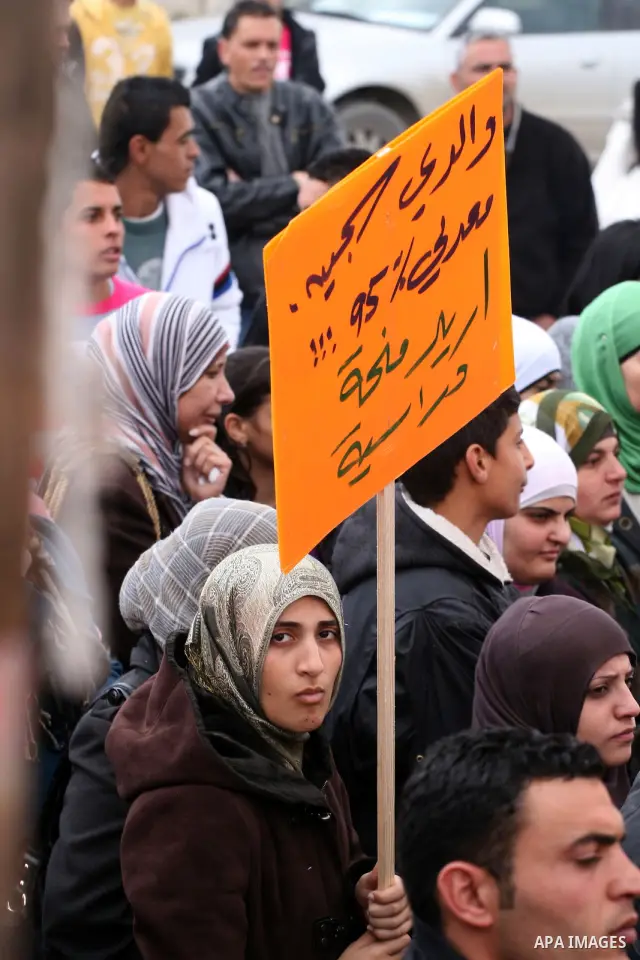 Palestinian National Initiative supporters take part in a demonstration to demand the adoption of "Law of the National Fund for Higher Education" in front of the prime minister building in the West Bank city of Ramallah...