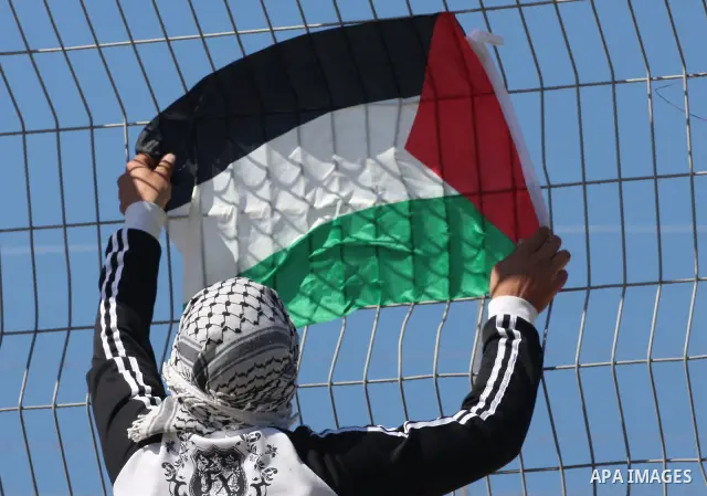 Palestinian protesters hold their national flag during the weekly demonstration against Israel's separation barrier in the West Bank village of Bilin near Ramallah, Friday, Feb. 18, 2011. Photo by Issam Rimawi
