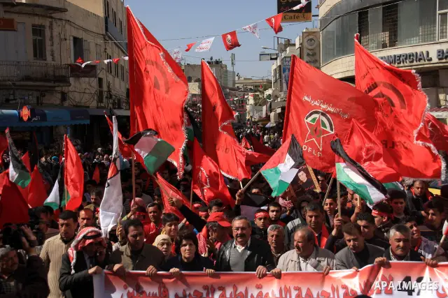 Palestinians take part during a demonstration calling to end the split between the West Bank and Gaza, marking the 42th anniversary of the Democratic Front for the Liberation of Palestine (DFLP) in the West Bank city of...