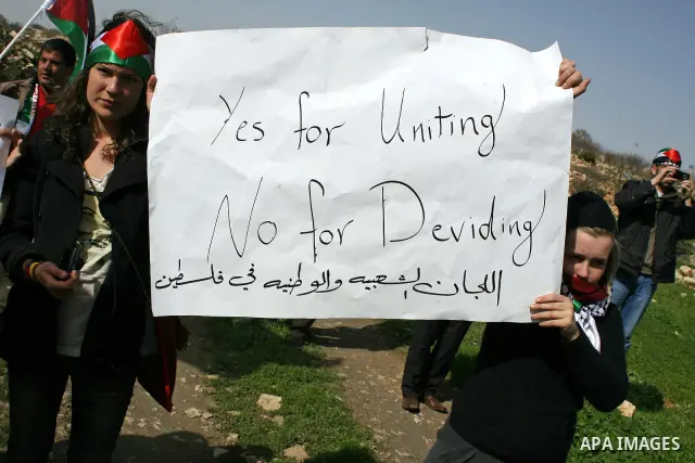 Palestinian, Israeli and foreign activists take part in a demonstration against the demolishing of farm land to be used in the construction of Jewish settlements near the existing Israeli settlement of Karmi Tsor near th...