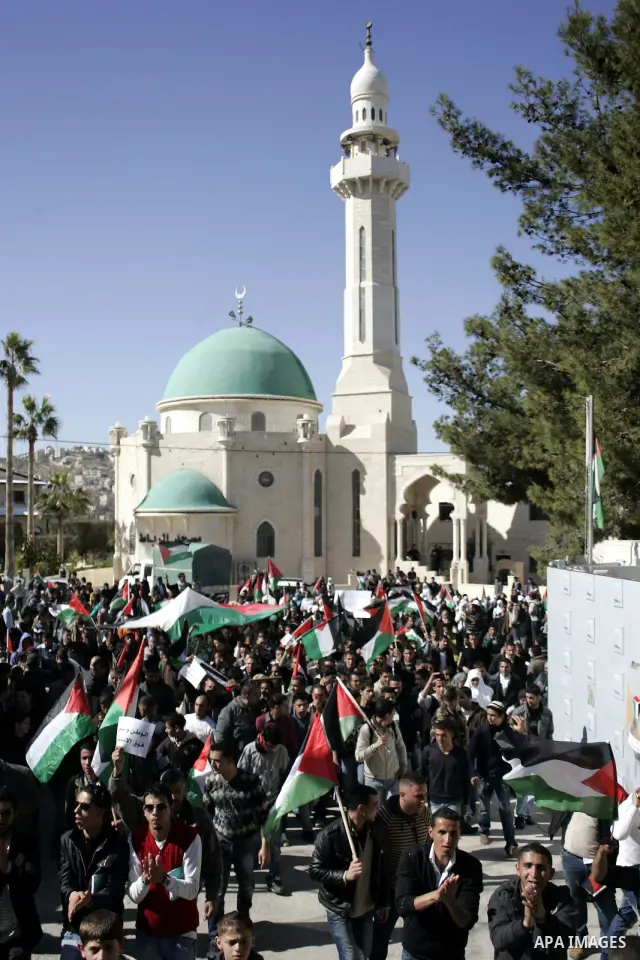 Palestinian protesters hold national flags and banners during a rally against the U.S. veto and calling for the national reconciliation in the West Bank city of Bethlehem, on Feb. 23, 2011. Photo by Najeh Hashlamoun