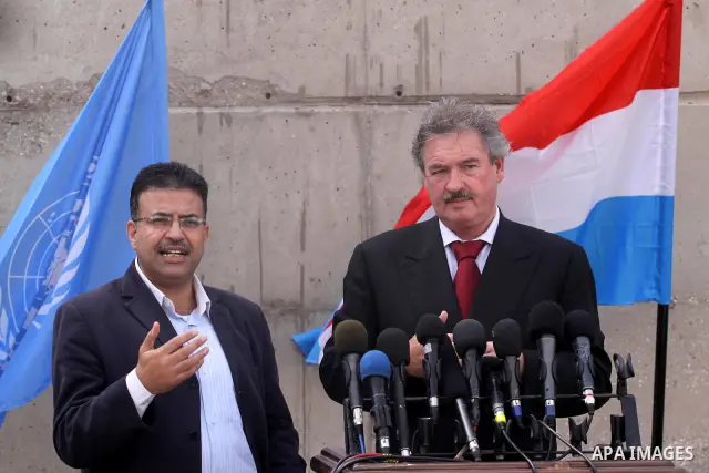 Luxembourg's Foreign Minister Jean Asselborn, delivers speech during a press conference at UNRWA headquarters upon his arrival to Gaza City, Friday, Feb. 25, 2011. Asselborn is on an official visit to Gaza. Photo by Moha...