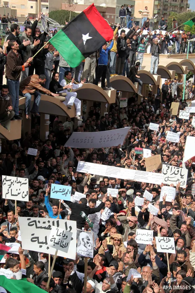 Libyan protesters demonstrate against Libyan leader Moammar Gadhafi during a rally at the Court Square in Derna, Libya, on Feb. 25, 2011. Photo by Karam Nasser