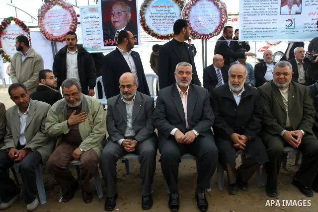 Palestinian Prime Minister in Gaza Strip, Ismail Haneiyah visits the mourning tent of the Turkish Leader, Necmettin Erbakan in Gaza city on March 1,2011. Erbakan, the Turkey's first Islamist Prime Minister from 1996 unti...