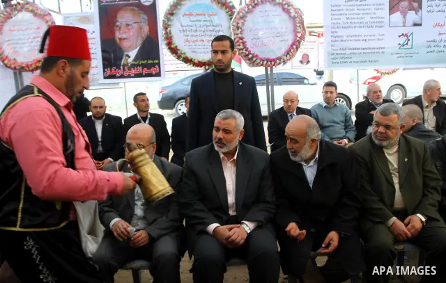 Palestinian Prime Minister in Gaza Strip, Ismail Haneiyah visits the mourning tent of the Turkish Leader, Necmettin Erbakan in Gaza city on March 1,2011. Erbakan, the Turkey's first Islamist Prime Minister from 1996 unti...