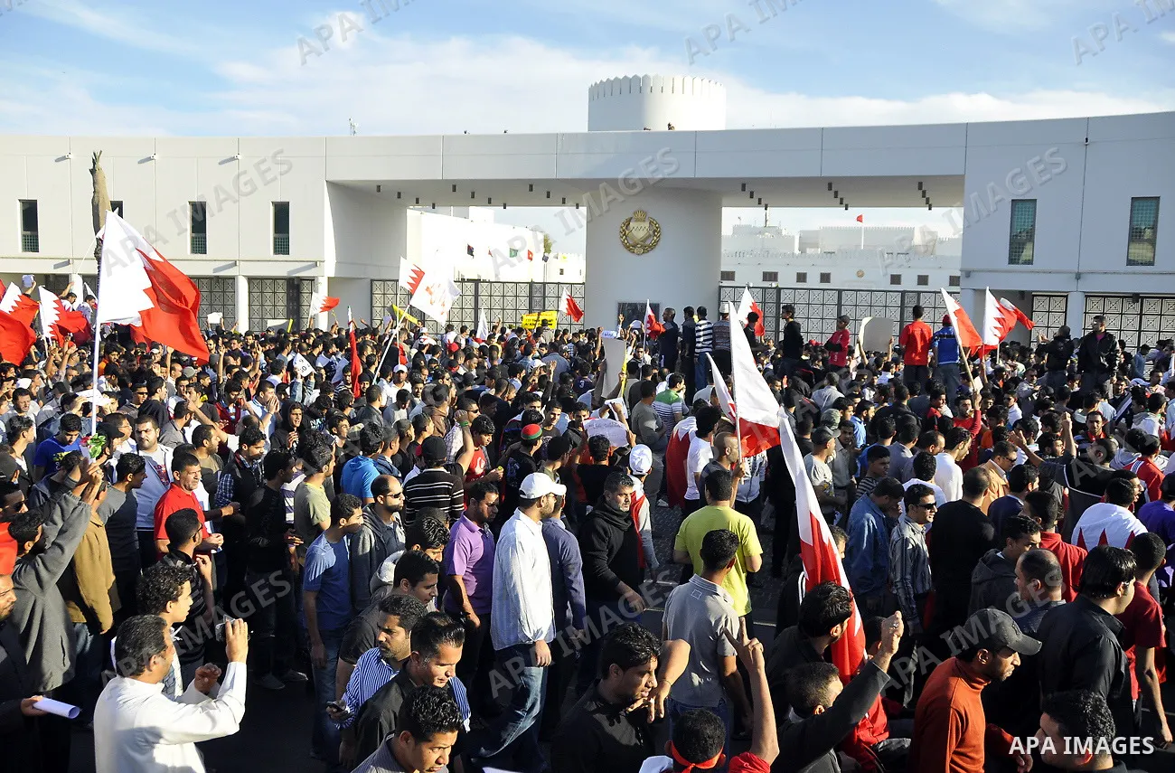 Protesters demonstrate in front of the Interior Ministry in Manama, capital of Bahrain, March 2, 2011. Anti-government protesters turned up in hundreds here on Wednesday, calling for the release of remaining political pr...