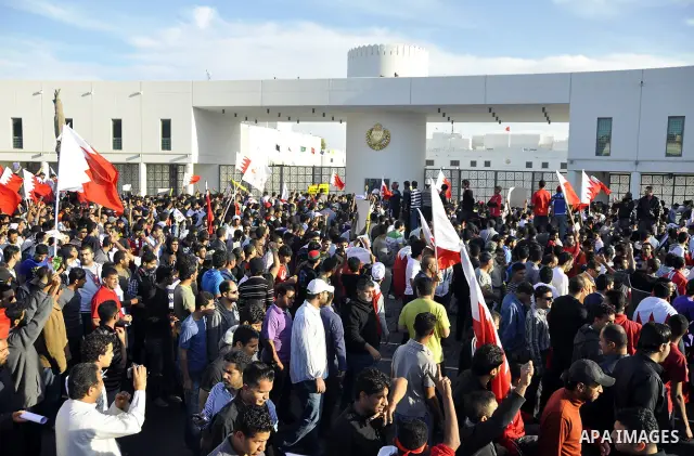 Protesters demonstrate in front of the Interior Ministry in Manama, capital of Bahrain, March 2, 2011. Anti-government protesters turned up in hundreds here on Wednesday, calling for the release of remaining political pr...