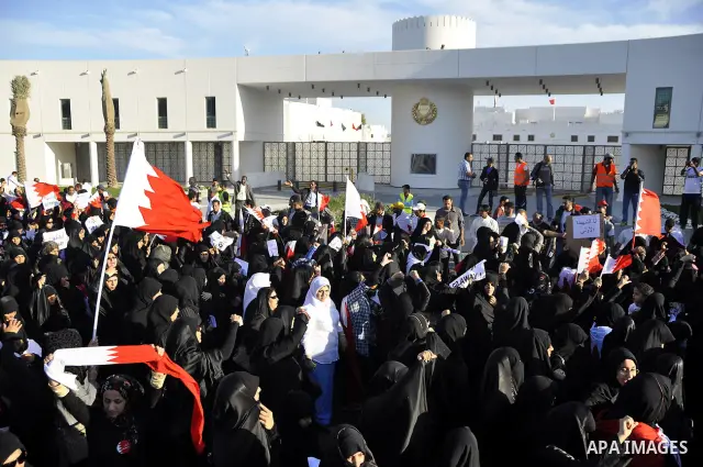 Protesters demonstrate in front of the Interior Ministry in Manama, capital of Bahrain, March 2, 2011. Anti-government protesters turned up in hundreds here on Wednesday, calling for the release of remaining political pr...