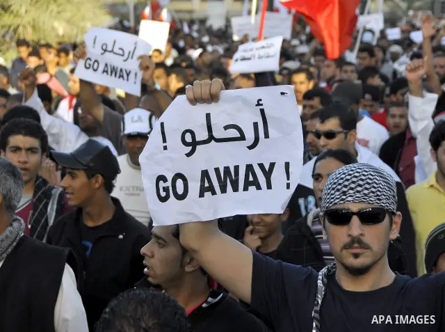 Protesters demonstrate in front of the Interior Ministry in Manama, capital of Bahrain, March 2, 2011. Anti-government protesters turned up in hundreds here on Wednesday, calling for the release of remaining political pr...
