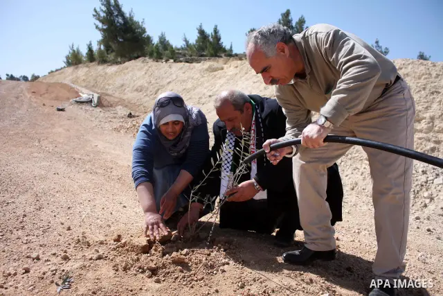 Palestinian take part to plant olive trees during a protest against Israel's controversial separation barrier in the West Bank village of Al Waljeh, near the biblical town of Bethlehem on March 04, 2011.Israel says the n...