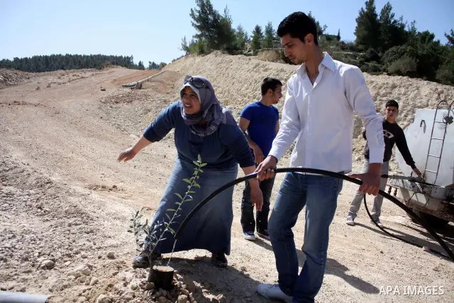 Palestinian take part to plant olive trees during a protest against Israel's controversial separation barrier in the West Bank village of Al Waljeh, near the biblical town of Bethlehem on March 04, 2011.Israel says the n...