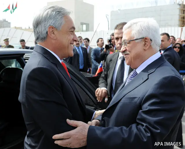 Palestinian President Mahmoud Abbas meets with the Chile's President Sebastian Pinera in the West Bank town of Ramallah on March 5,2011. In the second day visit of Pinera that will also take him to Bethlehem, where he wi...
