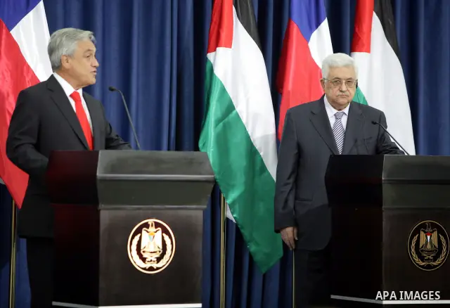 Palestinian President Mahmoud Abbas meets with the Chile's President Sebastian Pinera in the West Bank town of Ramallah on March 5,2011. In the second day visit of Pinera that will also take him to Bethlehem, where he wi...