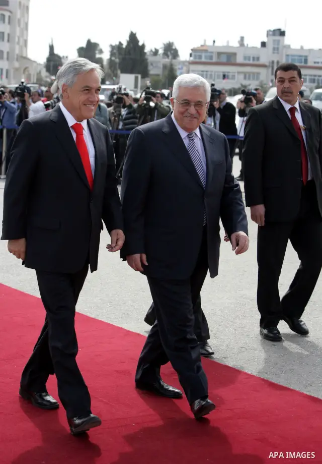 Palestinian President Mahmoud Abbas meets with the Chile's President Sebastian Pinera in the West Bank town of Ramallah on March 5,2011. In the second day visit of Pinera that will also take him to Bethlehem, where he wi...