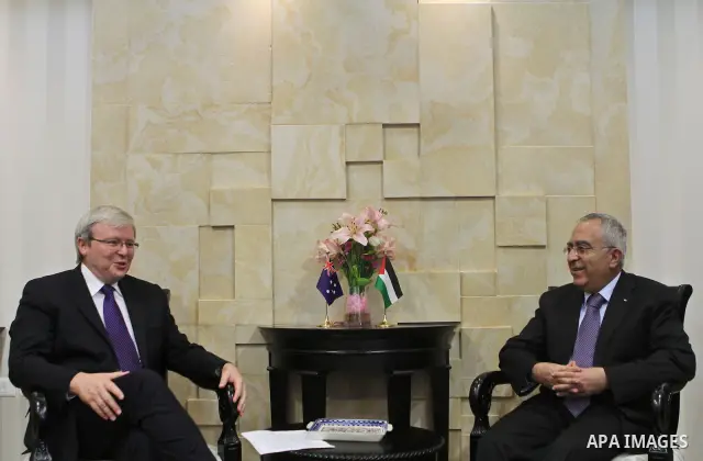 Palestinian Prime Minister, Salam Fayyad meets with the Australian Foreign Minister, Kevin Rudd in the West Bank city of Ramallah on March 5, 2011. Photo by Mustafa Abu Dayeh