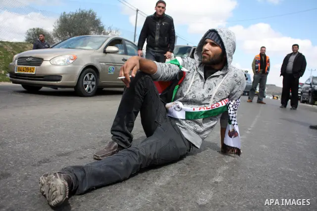 Palestinian men wave their national flag as they sit and block Road 60, which links Jerusalem and Hebron and is used by both Palestinians and Jewish settlers, on March 08,2011 in Beit Omar near the West Bank city of Hebr...