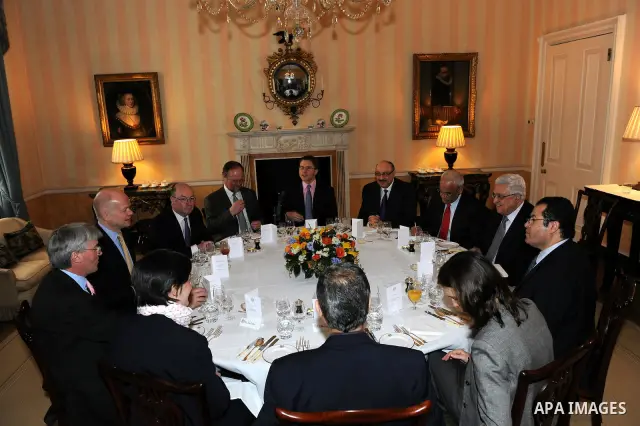 Palestinian President Mahmoud Abbas (Abu Mazen) during a meeting with the British Foreign Secretary William Hague today in London 08/03/2011..Photo by: thaer ganaim