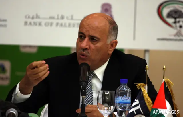 Palestinian Football Association chairman Jibril Rajoub and President of the Asian Football Confederation (AFC) Mohamed Bin Hammam give a news conference in the West Bank city of Ramallah on March 9, 2011 on the upcoming...