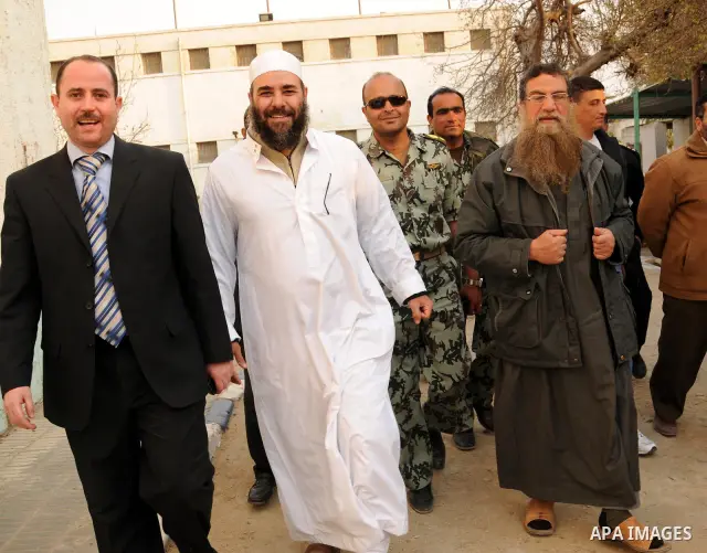 Egyptian Abbud and Tareq al-Zomor, members of Egypt's Islamic Jihad, are seen after being released form the Tura jail, in Hilwan on the outskirts of Cairo, on March 12, 2011, after Egypt's new military rulers ordered the...