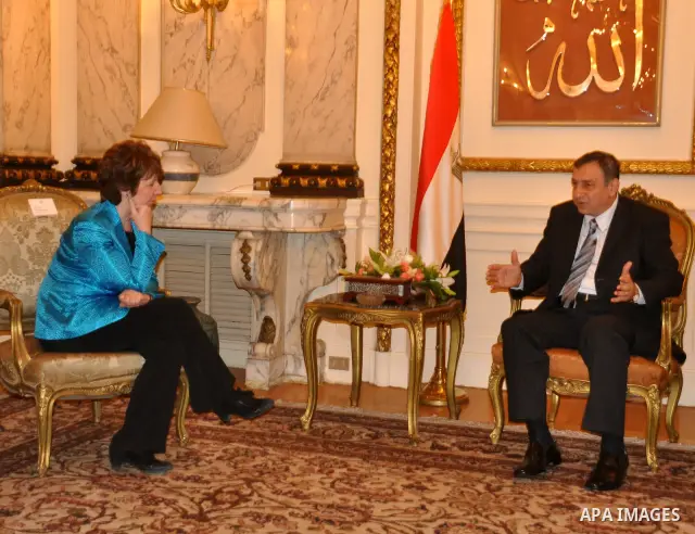 Egyptian Prime Minister Essam Sharaf meets with EU foreign policy chief Catherine Ashton in cairo March 14 2011. Photo by Ahmed Asad