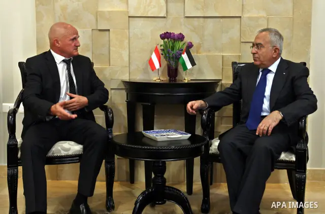Palestinian Prime Minister Salam Fayyad meets with the new Austrian Representative . Leonard Mol.in Ramallh west bank March 14, 2011. Photo by Mustafa Abu Dayeh