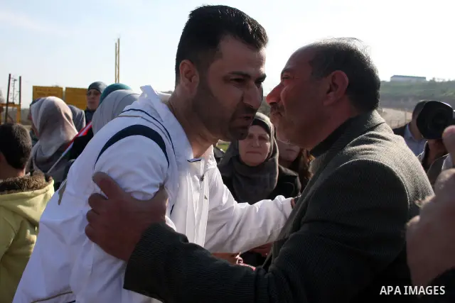 Palestinian activist Abdullah Abu Rahma , 39, the coordinator of the Popular Committee against the Wall and Settlements in Bilin, is welcomed by relatives after his release from Israel's Ofer prison following 16 months i...