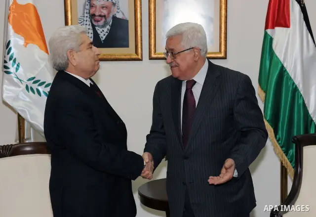 Palestinian President Mahmoud Abbas meets with the Cypriot President Dimitris Christofias in the West Bank city of Ramallah March 15, 2011. Christofias is on an official visit to Israel and the Palestinian authority. Pho...
