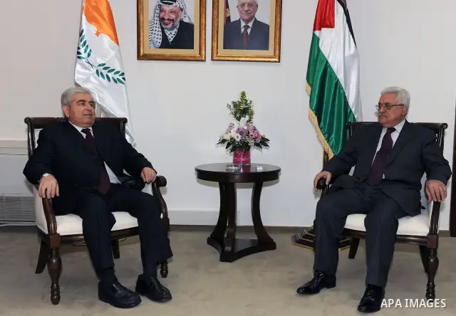 Palestinian President Mahmoud Abbas meets with the Cypriot President Dimitris Christofias in the West Bank city of Ramallah March 15, 2011. Christofias is on an official visit to Israel and the Palestinian authority. Pho...