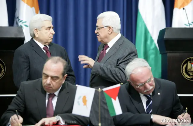 Palestinian President Mahmoud Abbas and Cypriot President Dimitris Christofias attend a press conference in the West Bank city of Ramallah March 15, 2011. Christofias is on an official visit to Israel and the Palestinian...