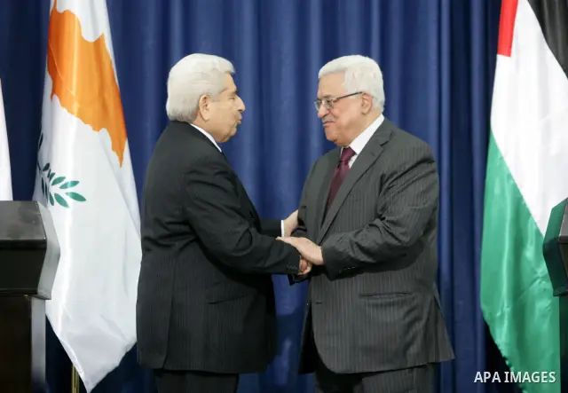 Palestinian President Mahmoud Abbas and Cypriot President Dimitris Christofias attend a press conference in the West Bank city of Ramallah March 15, 2011. Christofias is on an official visit to Israel and the Palestinian...