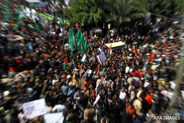 Palestinian demonstrators take part in a protest calling for Palestinian political unity between Gaza's Hamas rulers and the Fatah-dominated Palestinian Authority which rules from Ramallah, on March 15, 2011in Gaza City,...